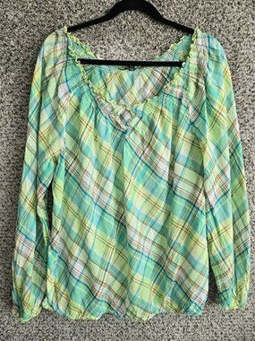 Lane Bryant Top Womens Plus 18/20 Green Plaid Off The Shoulder Semi Sheer